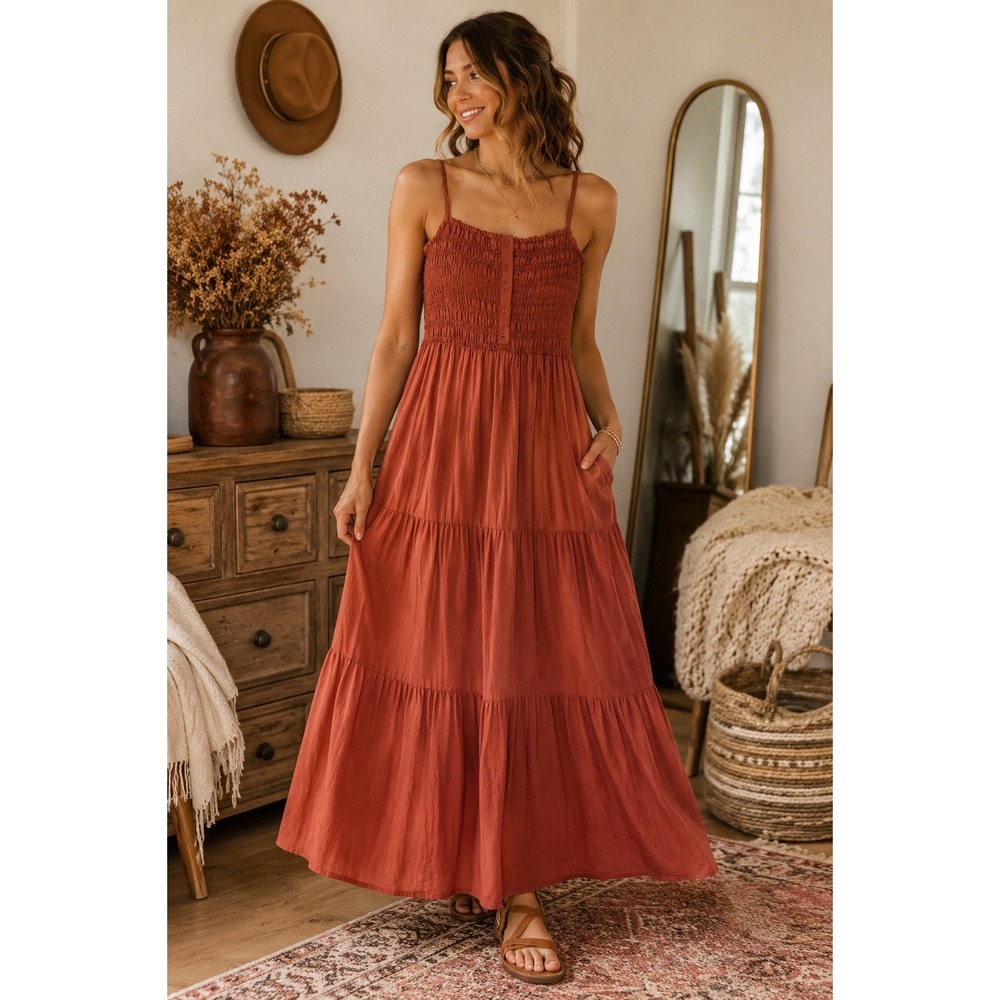 Universal Thread Rust Smocked Tiered Maxi Dress XS Terracotta Sleeveless Pockets
